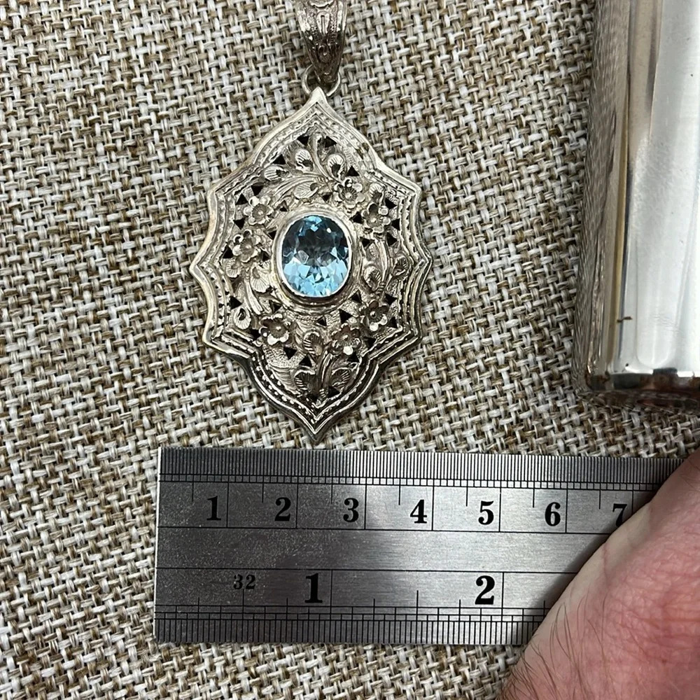 Vintage DS Designer Signed 925 Sterling Silver Blue Topaz Pendant - Picture 10 of 11